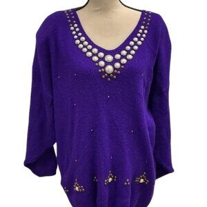 Vintage Purple Embellished Sweater | Pearl Stud Neckline | Size XL (Estimated)